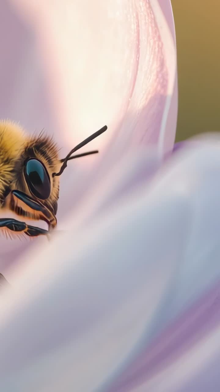 Vertical video: Landing honey bee probing pink flower petal in garden seeking nectar, copy space