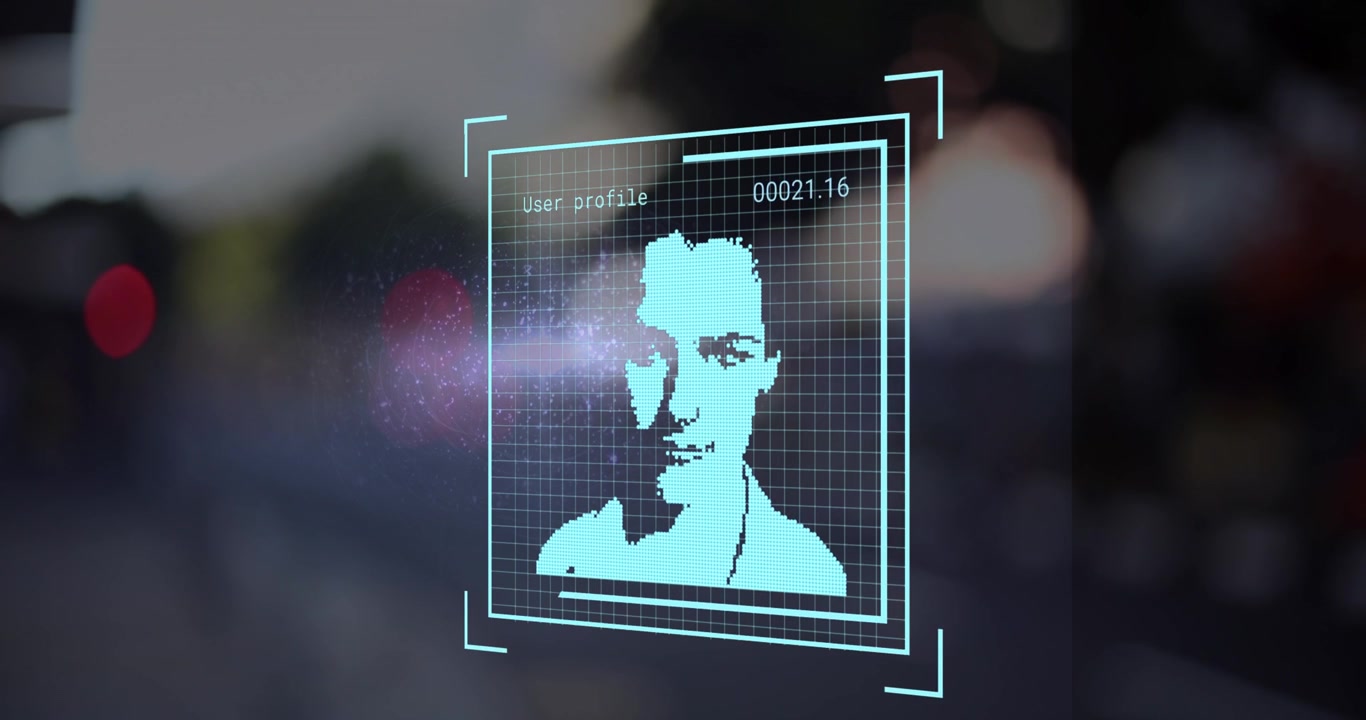 Interfaccia digitale di riconoscimento facciale che scansiona i profili utente