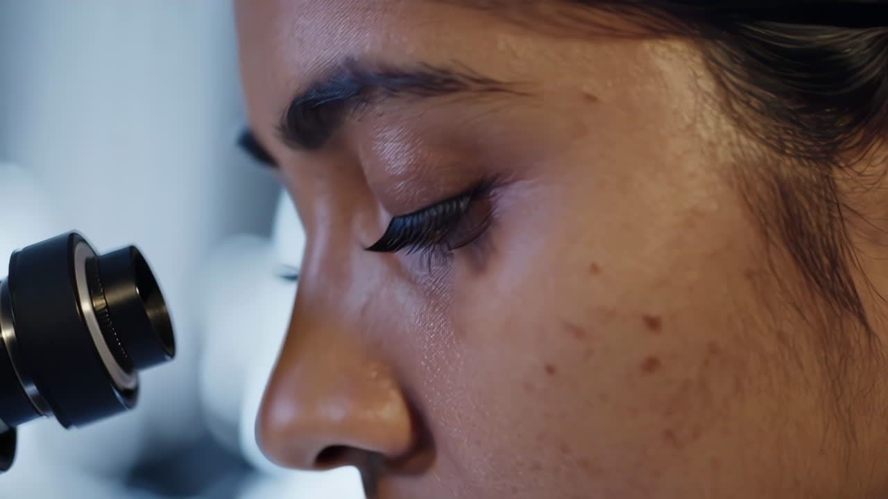 Close-up of a person's eye looking into a microscope