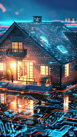 a house is shown in a cityscape with lights and wires surrounding it. the house is lit up and he is a futuristic home