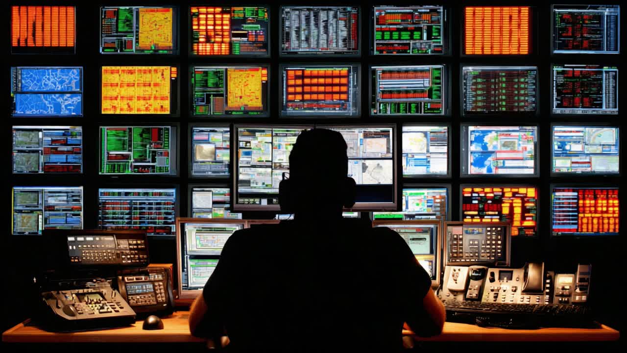 A Command Center Operator Analyzing Data Displays on Multiple Monitors, Surrounded by Vibrant Screens and an Array of Control Buttons in a High-Tech Environment