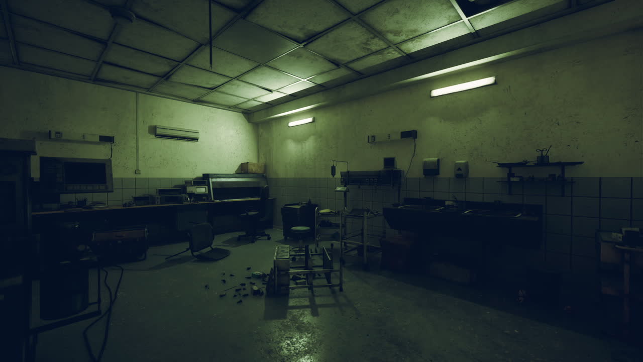 Abandoned commercial kitchen with dim lighting in an urban setting at night