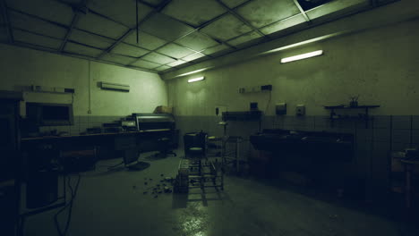 abandoned commercial kitchen with dim lighting in an urban setting at night