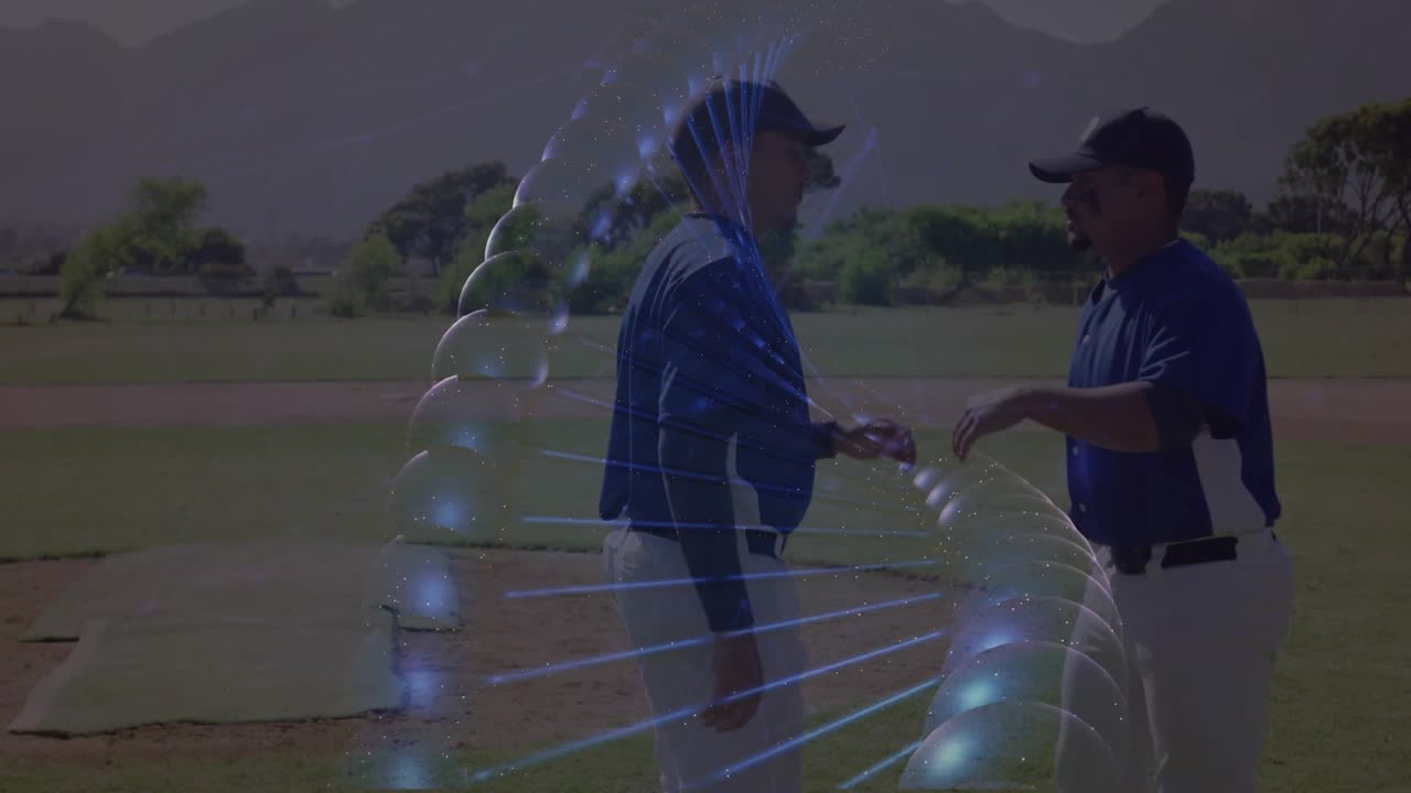 Duo di giocatori di baseball con il piede sinistro sollevato, la spalla destra tesa e guida a spirale sopra l'inquadratura