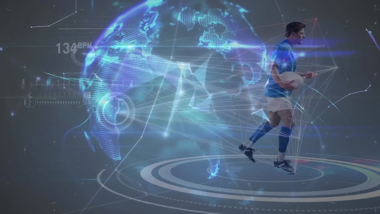 animación de un globo brillante, escáner sobre un jugador de rugby corriendo con la pelota y procesamiento de información