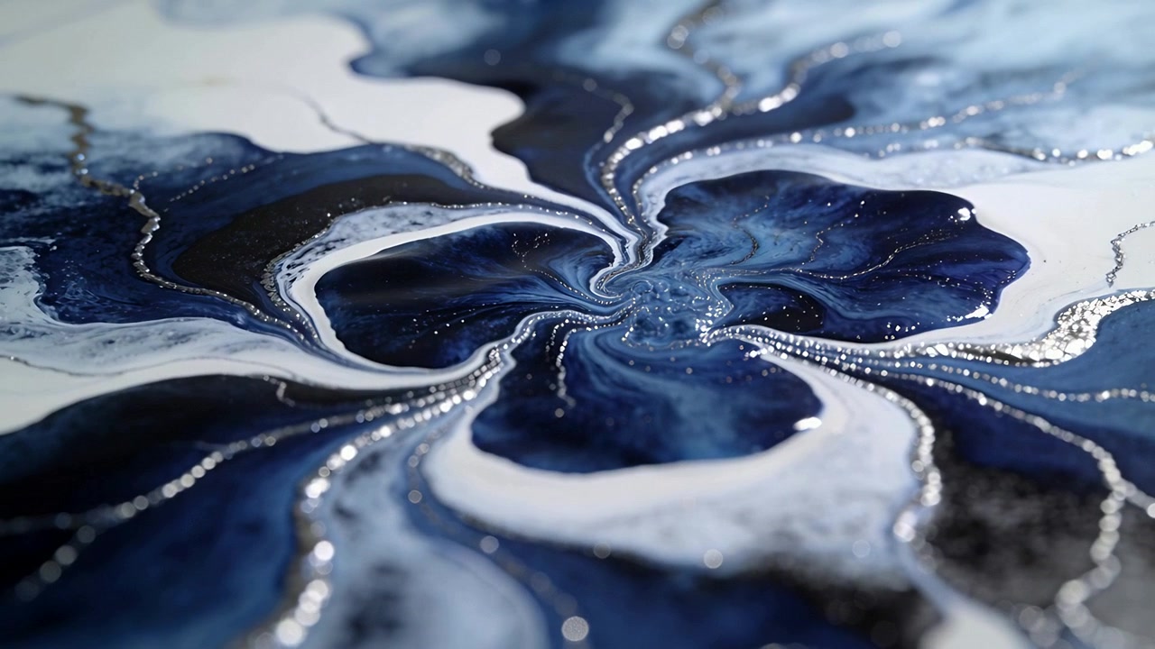 Vortici di pigmento che si susseguono, un fiore centrale che stringe la spirale sul pannello, assestandosi con perline d'argento.