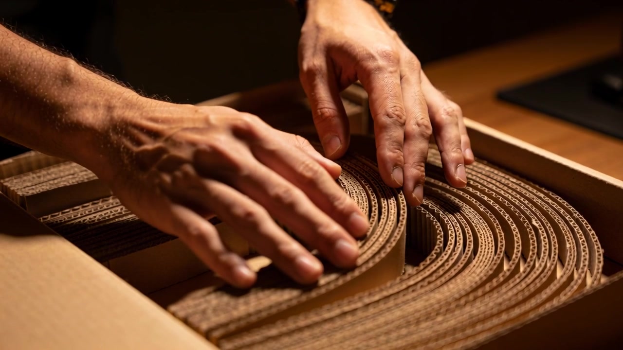 Pinching loop, hands guiding cardboard coils into spiral in tray on wood table for packing, watch