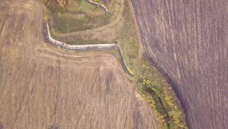 Top-down-drone-shot-of-fields-in-a-rural-area