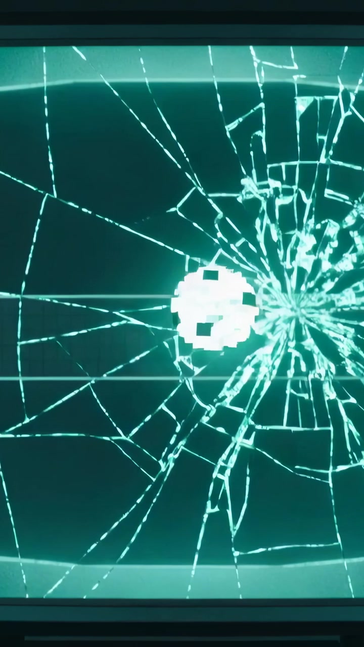 Vertical video: Entering left, moving pixel teal orb crossing center line on screen, making cracks
