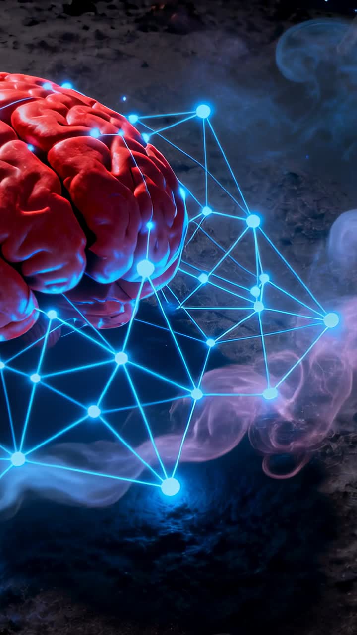 Vertical video: Cam panning right over hovering red brain on ground, blue nodes pulsing for tech