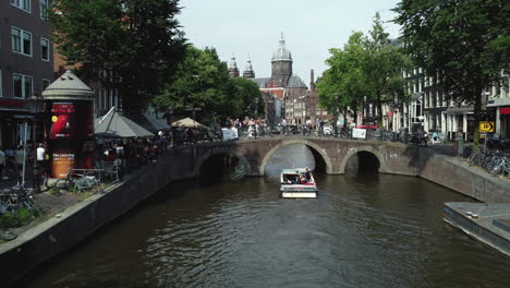 amsterdam canal view with bridge and boat