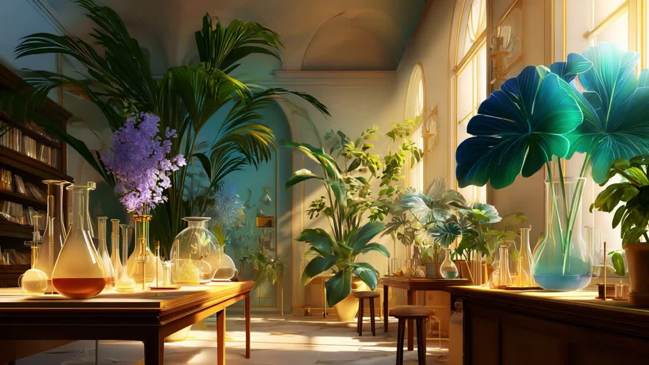 A Captivating Indoor Botanical Scene with Lush Plants and Glassware Under Natural Light Creating an Inviting Atmosphere in a Serene Space for Study and Exploration