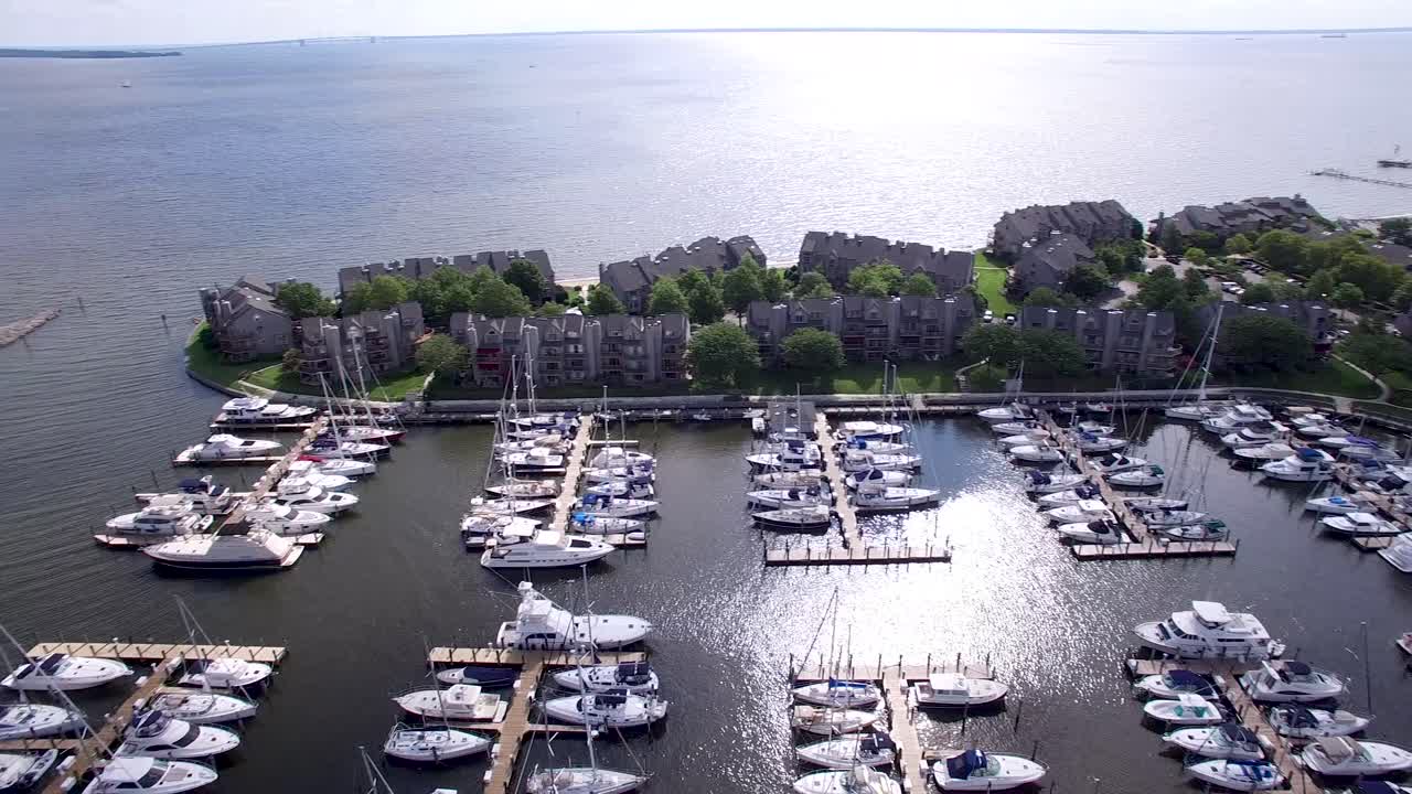 Aerial view of marina with boats and waterfront buildings