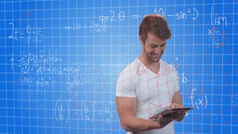 Animation-of-caucasian-businessman-over-mathematical-equations-on-blue-background