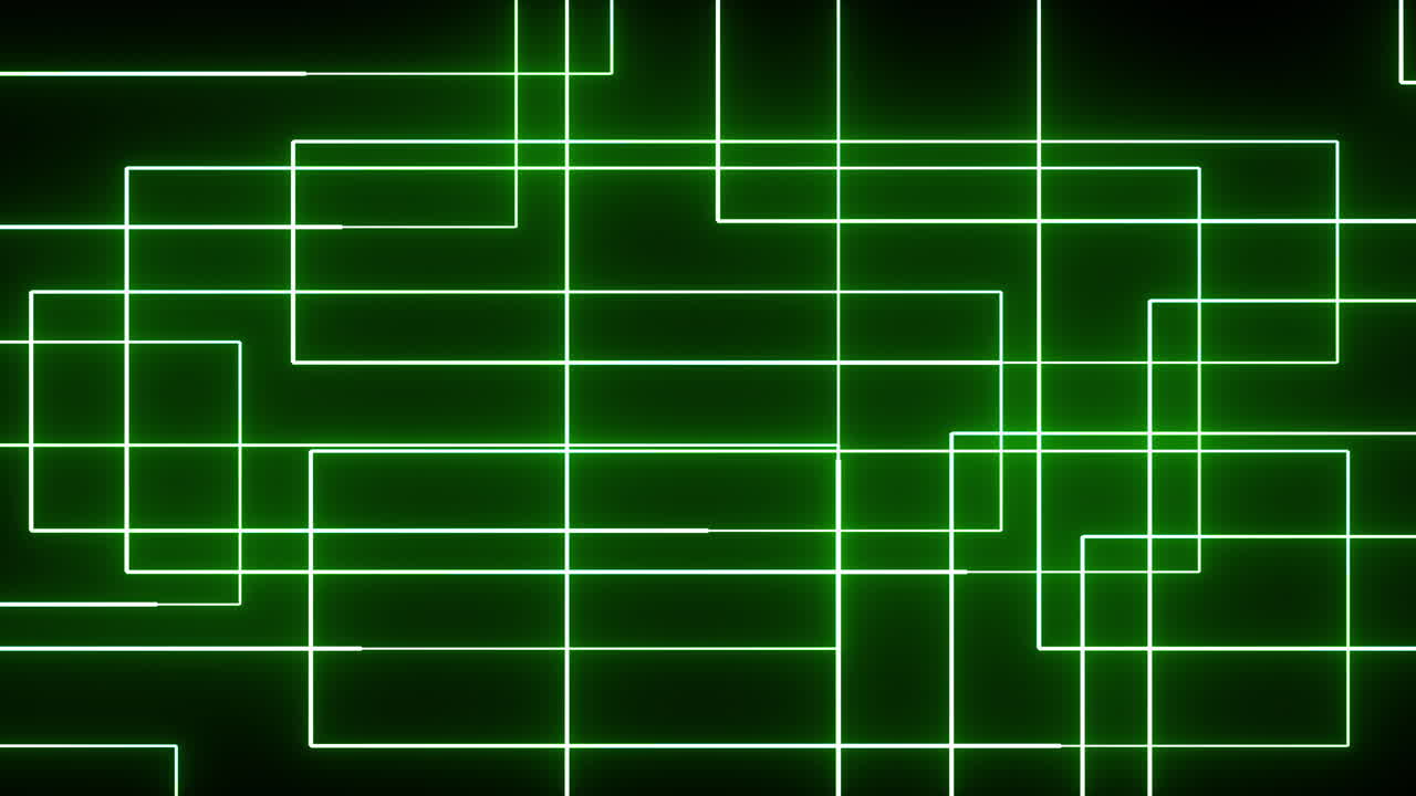 Green Glowing light lines interweave and overlap to form complex, glowing rectangular structures and grid-like patterns. Perfect for technology promos, high-speed data concepts about AI or computing