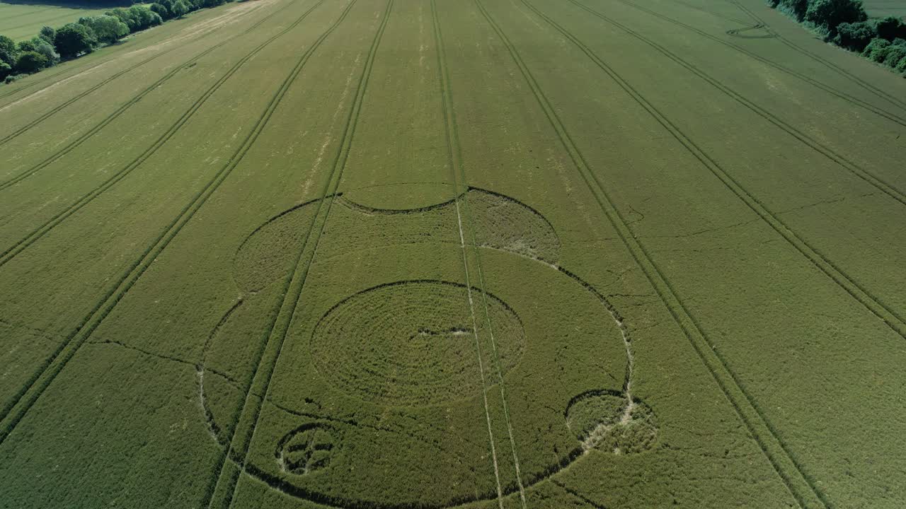 Wootton rivers Wiltshire paranormal crop circle pattern in green farmland field aerial drone view descending forward flyover