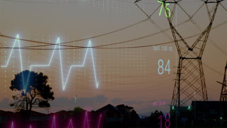 high-voltage transmission tower rising in dusk sky displaying neon waveform overlays in 3d render