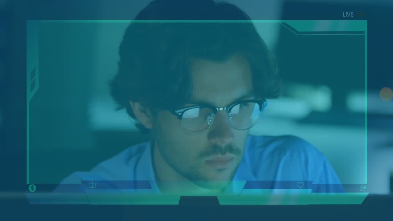 animación del globo con red de conexiones y pantalla sobre el hombre de negocios que utiliza la computadora en la oficina