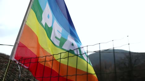 peace flag flutters behind the net of a fence, no war concept, close up shot