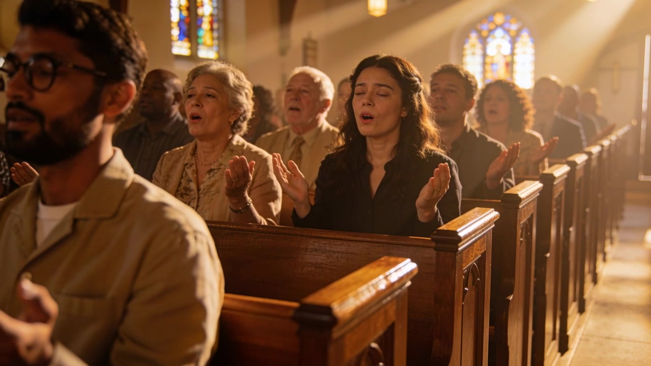 Singing woman in dark blouse responding to song starting, raising hands and singing in church pews