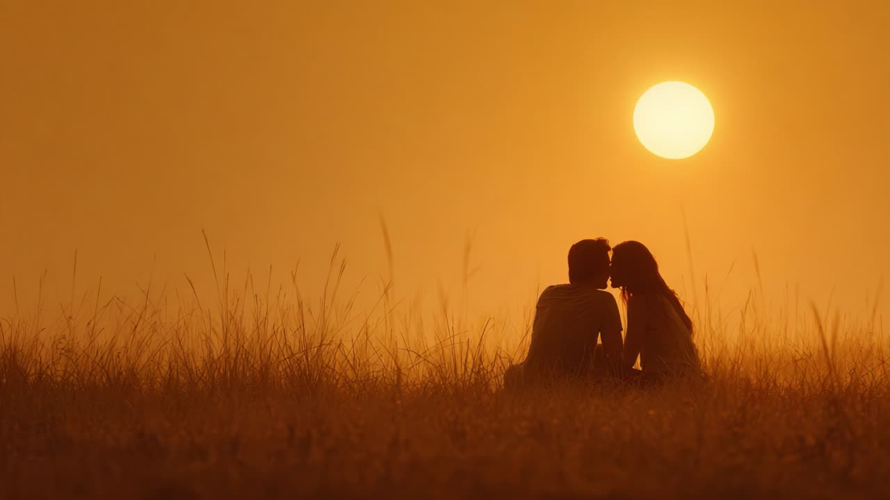 Romantic Sunset Embrace: Capturing a Tender Moment Between Two Lovers in an Enchanting Golden Horizon, Surrounded by Nature's Beauty and Serenity