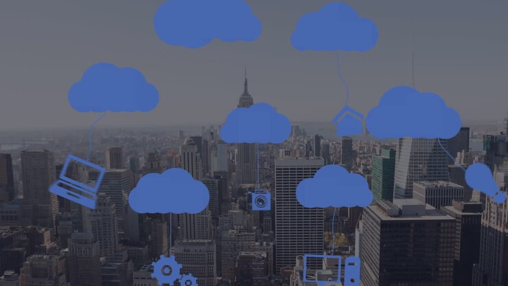 Animation of digital clouds with icons over landscape