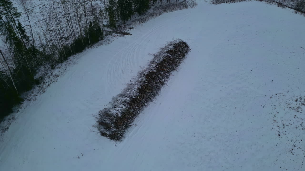 Vista circolare da drone su una pila di legna accatastata in un prato coperto di neve.