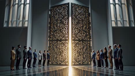 business people waiting at a grand entrance