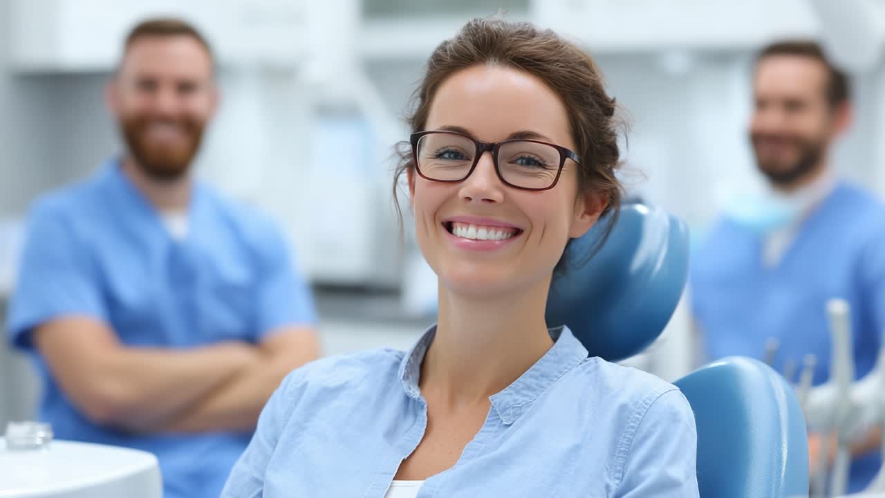 Paziente sorridente nello studio dentistico: un momento luminoso catturato tra cura professionale e comfort durante una consultazione di salute orale.