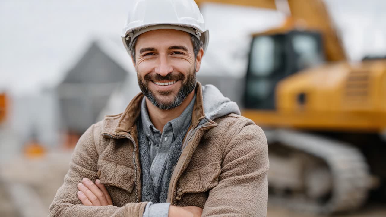 Confident Construction Worker Smiling with Safety Gear in Front of Heavy Machinery, Capturing the Spirit of Hard Work and Dedication in Modern Building Projects