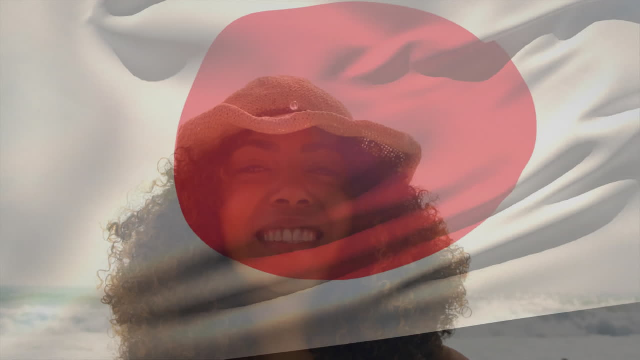 Waving Japanese flag, person with curly hair smiling against background animation