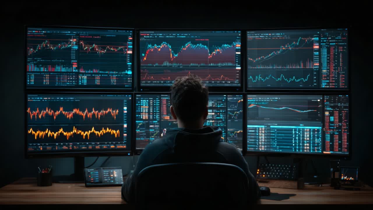 Focused on Financial Trends: An Analyst Examines Data Across Multiple Screens to Make Informed Trading Decisions in a High-Tech Trading Environment