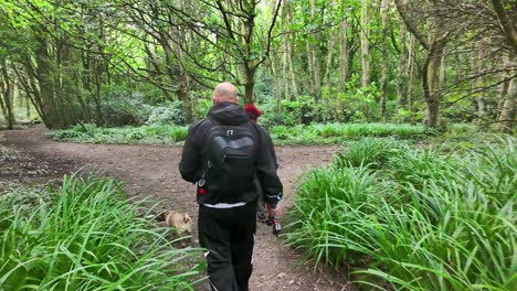 couple walking through dense woodland forest trail exploring with their pet dog