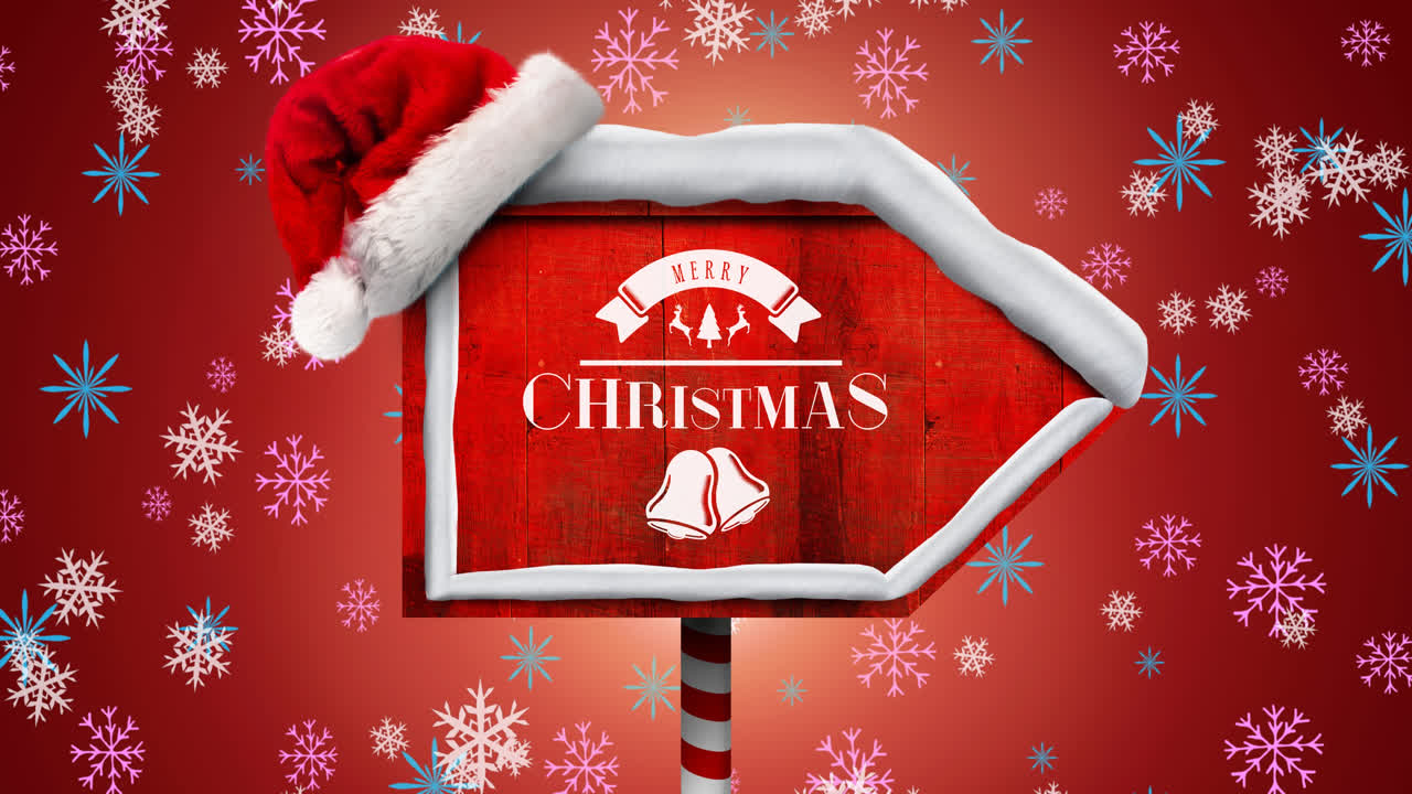 메리 크리스마스 텍스트와 함께 나무 표지판 위에 떨어지는 눈송이의 애니메이션