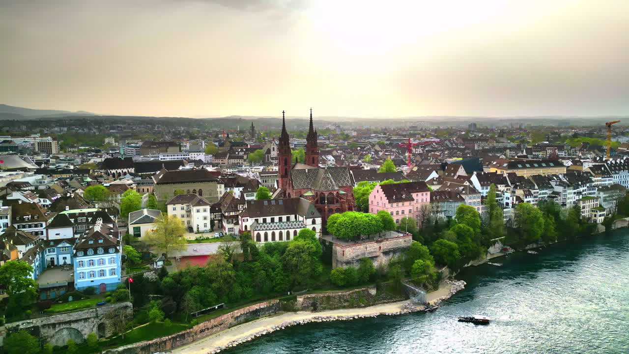 Aerial, drone view of Basel and River Rhine in Switzerland