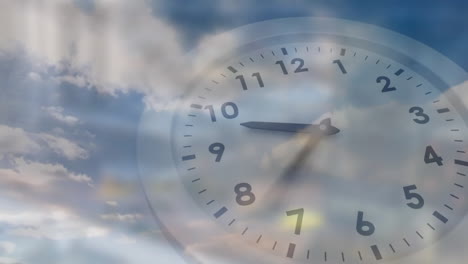 Clock with animation of clouds, symbolizing time and nature in sky background
