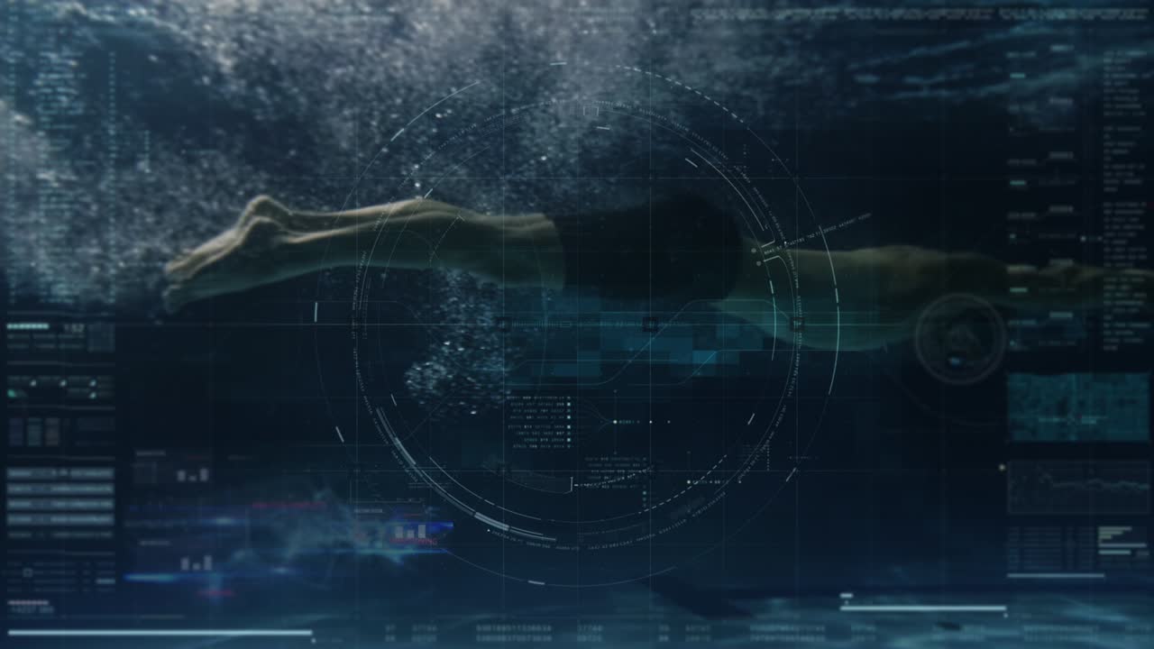 Cinematic shot of young professional male swimmer practicing with latest innovative technology augmented reality holograms underwater in swimming pool. Concept of sport, fitness, immersive technology.
