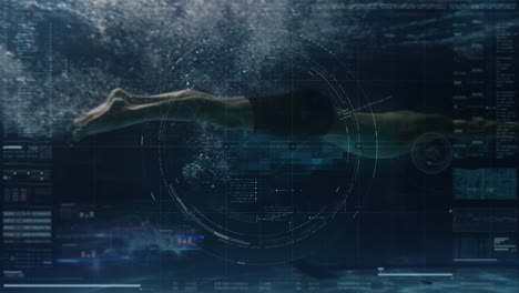 cinematic shot of young professional male swimmer practicing with latest innovative technology augmented reality holograms underwater in swimming pool. concept of sport, fitness, immersive technology.