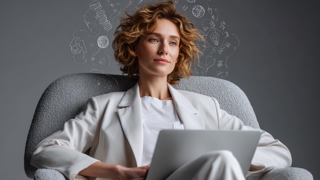 A Woman in a Stylish Suit Sitting Comfortably in a Modern Chair, Gazing Thoughtfully with Creative Ideas and Inspiration Flowing Around Her Mind