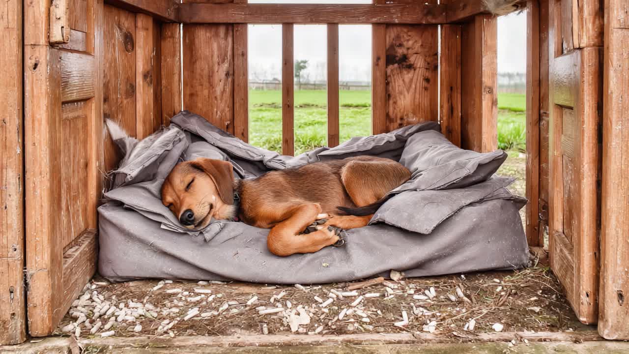 A Cozy Dog Nestled in a Wooden Crate, Enjoying a Peaceful Nap on a Soft Bed Surrounded by Nature