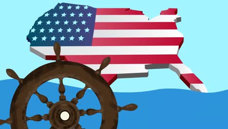 Animation-of-ship-steering-wheel-over-american-flag-and-sea