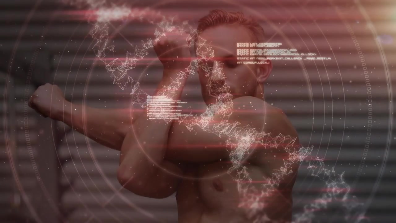 Animation of dna strand spinning over data processing and exercising strongman