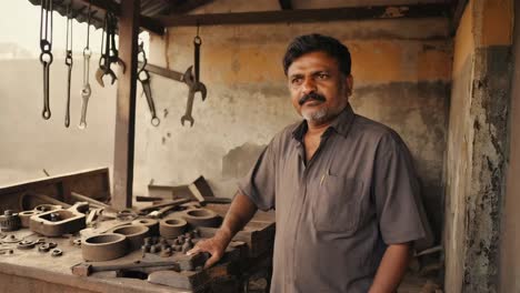 portrait of a skilled mechanic standing confidently in his traditional workshop, surrounded by various tools and spare parts, showcasing expertise and craftsmanship in a rustic setting
