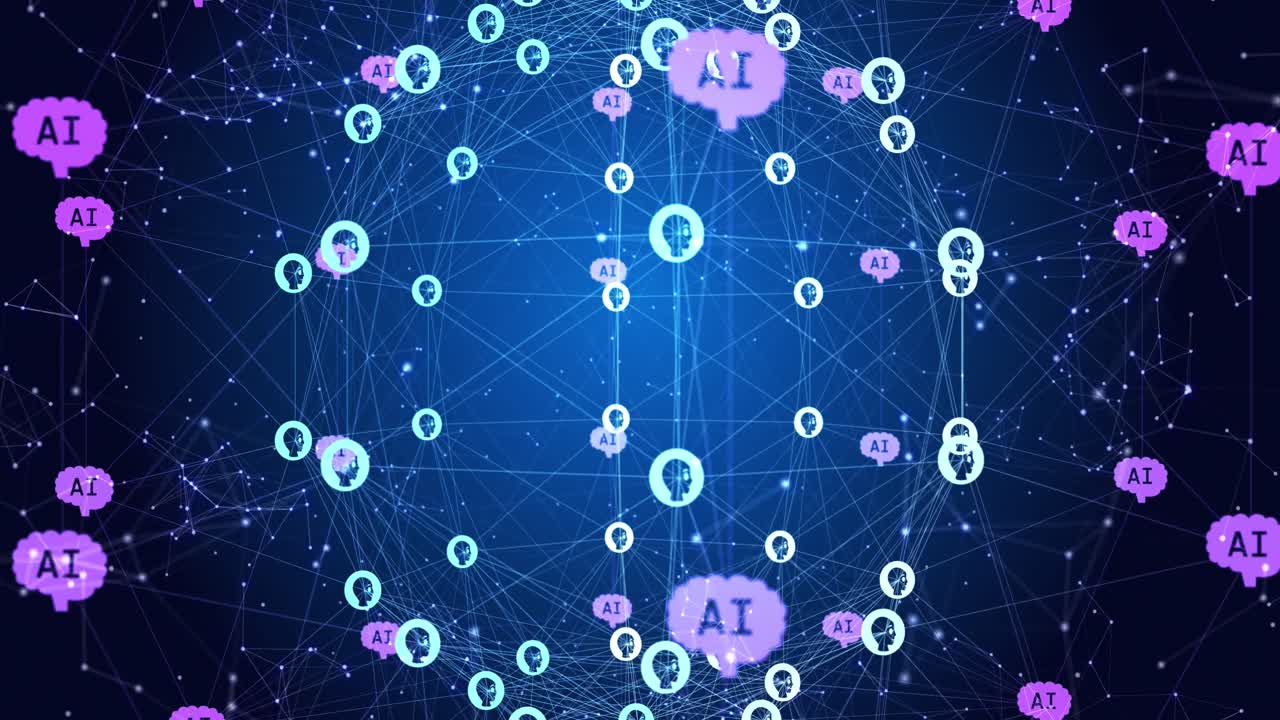 Animation of ai text and icon, data processing over globe