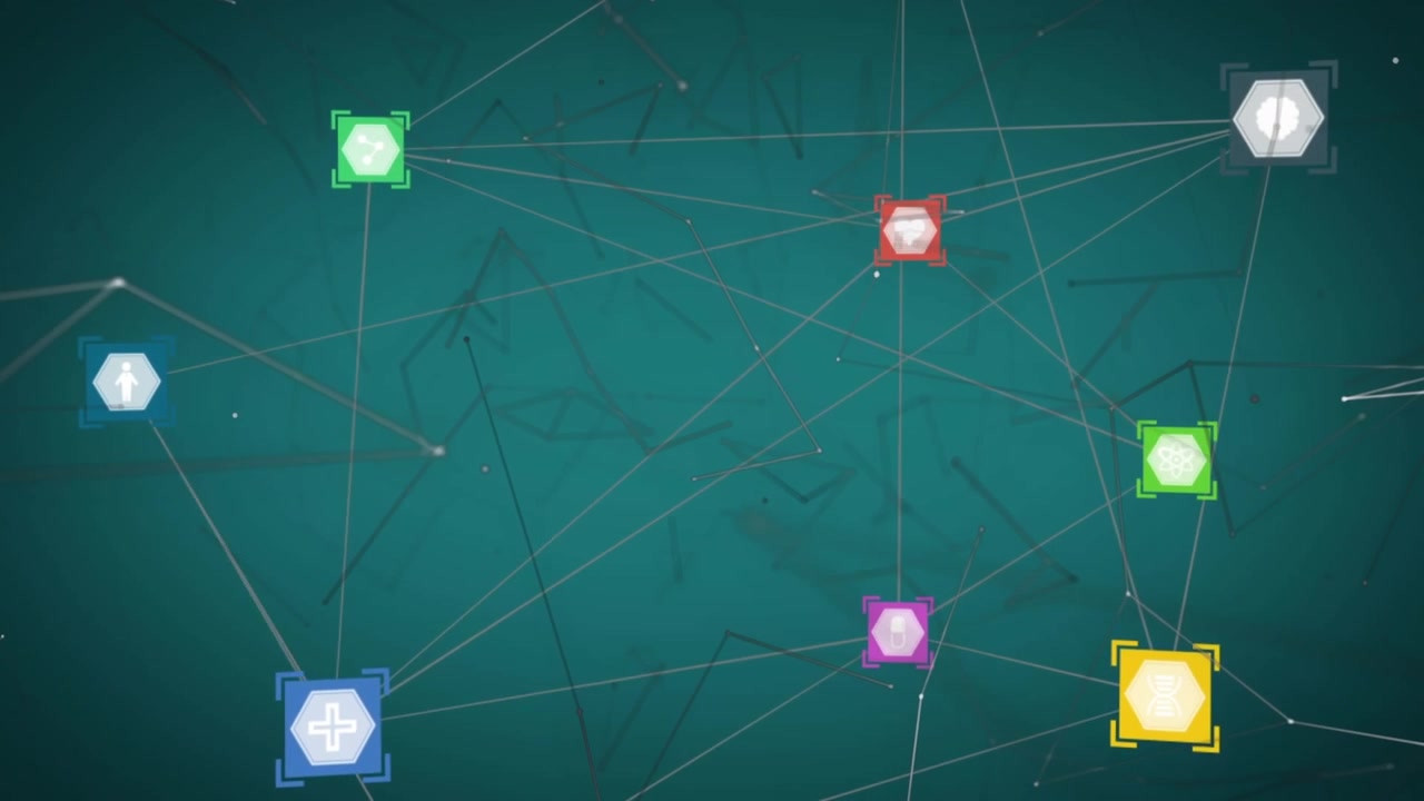 Animation of network of connections with icons on green background