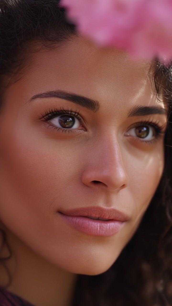 A close-up portrait capturing the serene beauty and captivating gaze of a young woman with curly hair framed by delicate pink flowers in soft natural lighting.