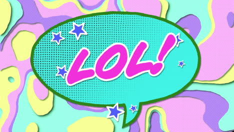 animación de texto lol en una burbuja de habla contra estructuras líquidas en movimiento de gradiente en el fondo
