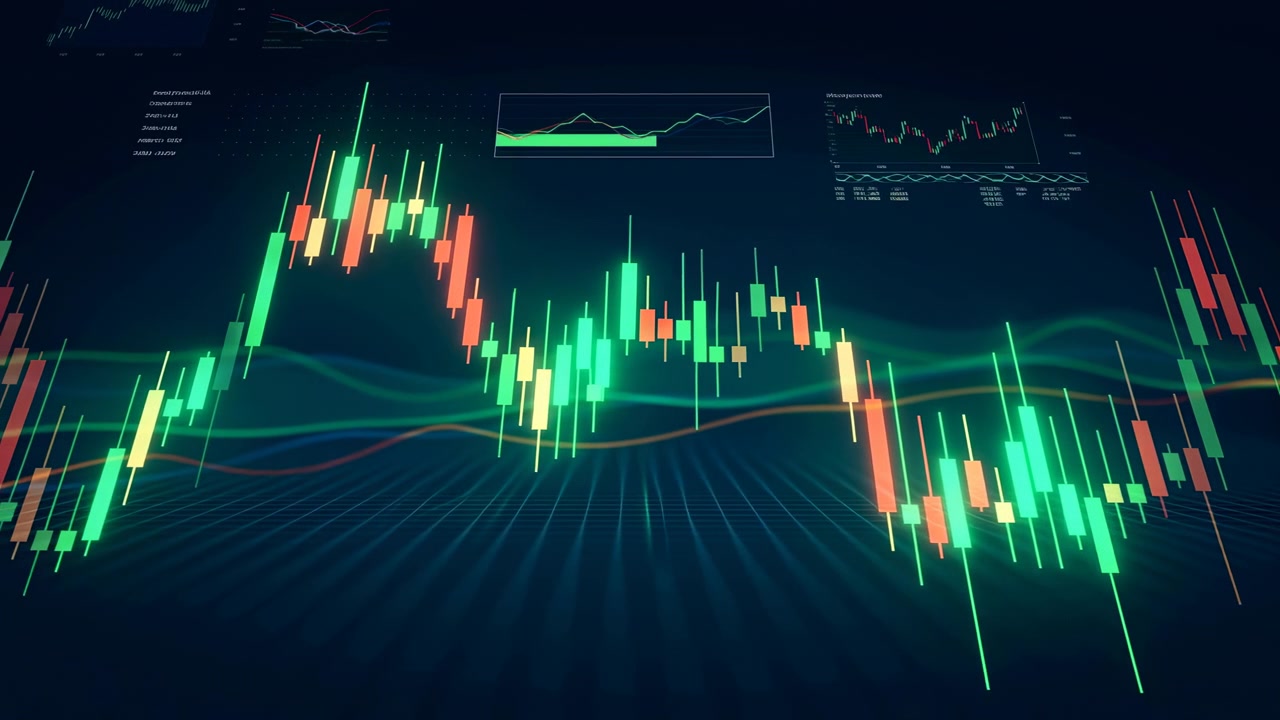 Glödande gröna och röda candlesticks rör sig över ett mörkt digitalt gränssnitt med trendlinjer, marknadsdiagram och dataindikatorer, vilket skapar en modern finansiell analysscen.