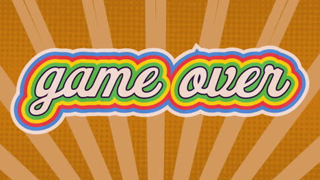 animación digital del juego sobre texto con efecto de sombra de arco iris contra un fondo radial naranja