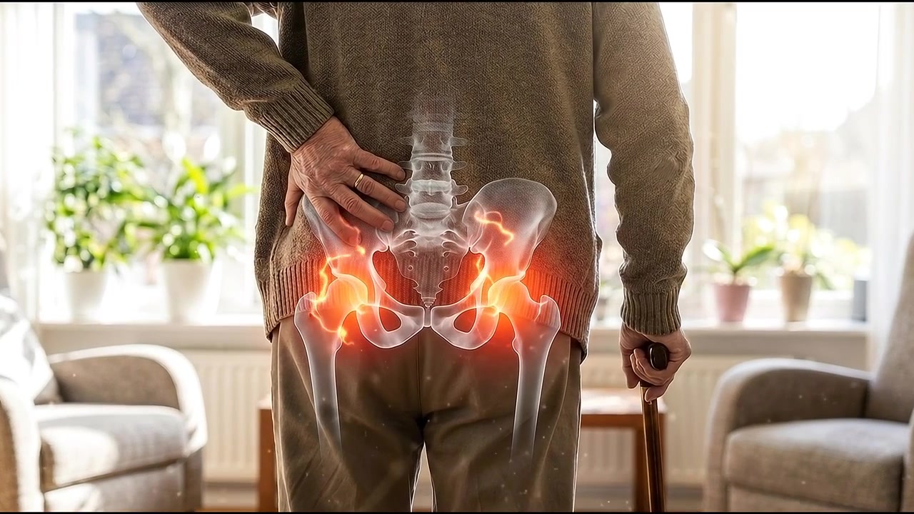 Anziano che prova dolore all'anca con visualizzazione medica.